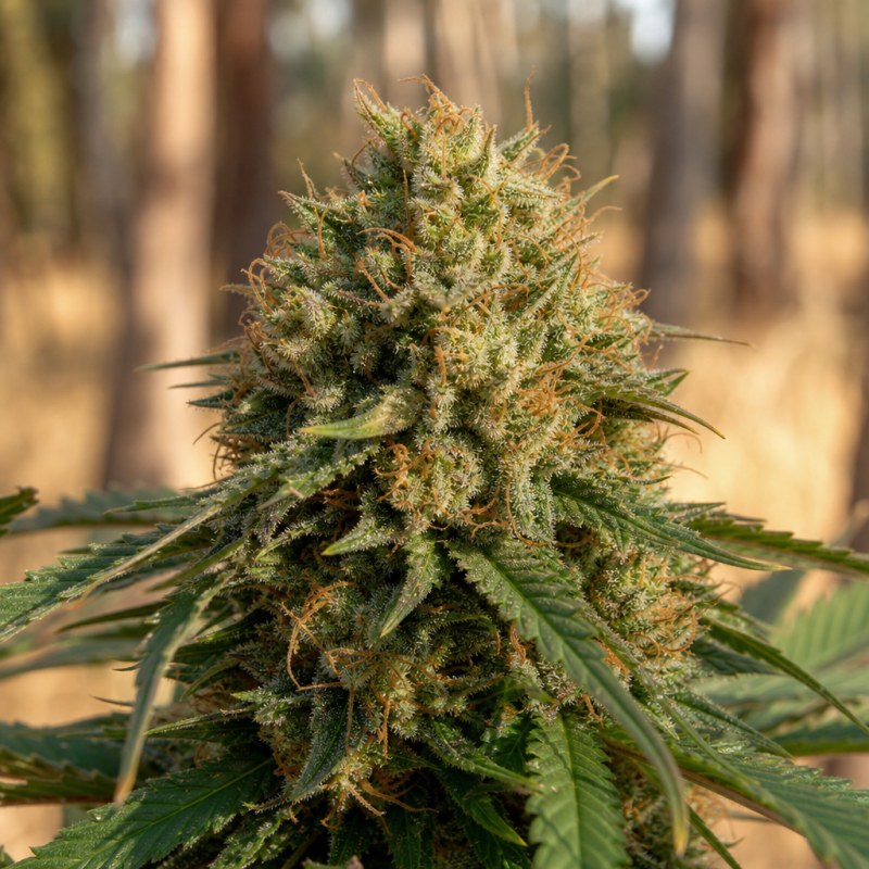 Outdoor macro photograph of the Dank Schrader flower on a living plant