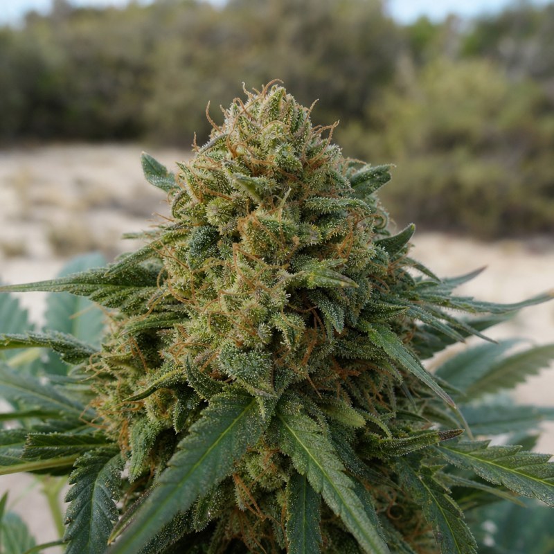 Outdoor macro photograph of the Death Star Auto flower on a living plant