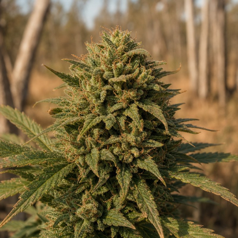 Outdoor macro photograph of the Dinachem Auto flower on a living plant