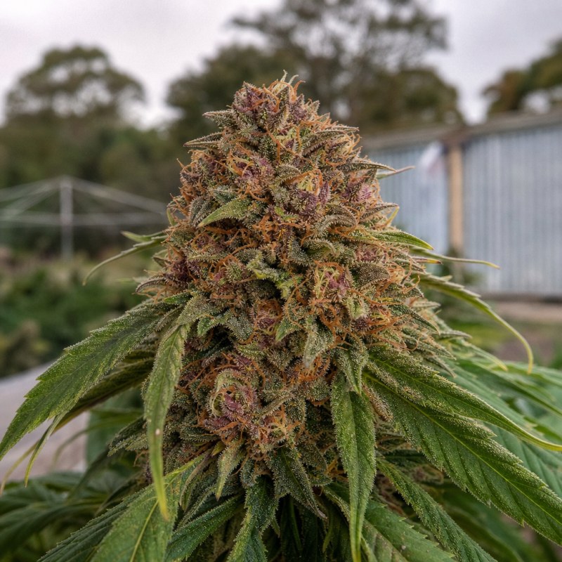 Outdoor macro photograph of the Dizzy OG Auto flower on a living plant
