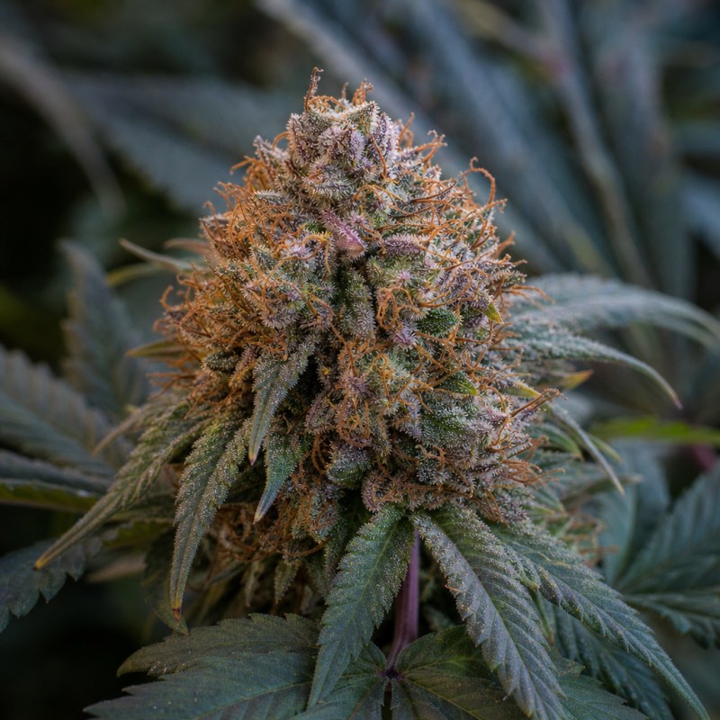 Outdoor macro photograph of the Dutch Kush flower on a living plant