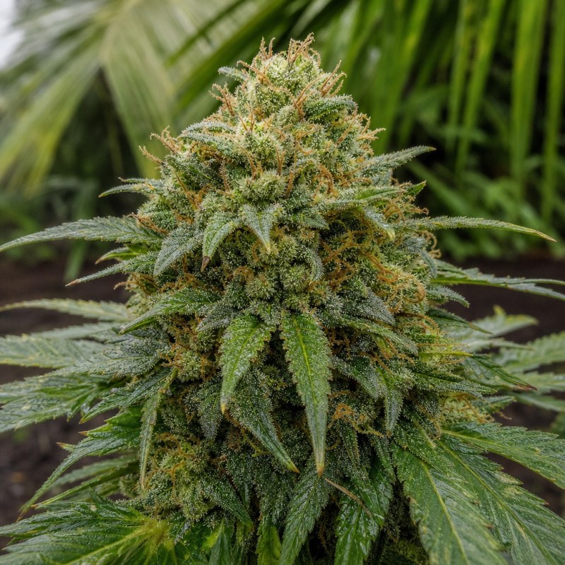Outdoor macro photograph of the El Chapo OG Auto flower on a living plant