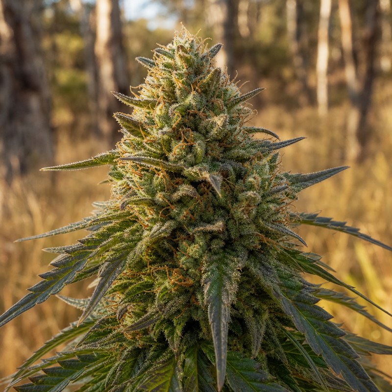 Outdoor macro photograph of the Face Off OG flower on a living plant