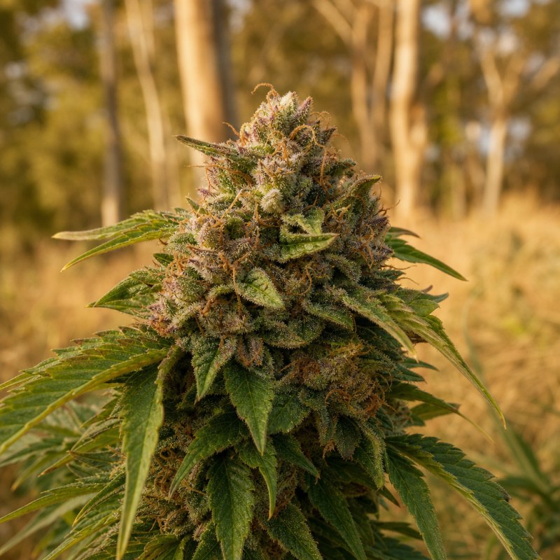 Outdoor macro photograph of the Fat Purple Auto flower on a living plant