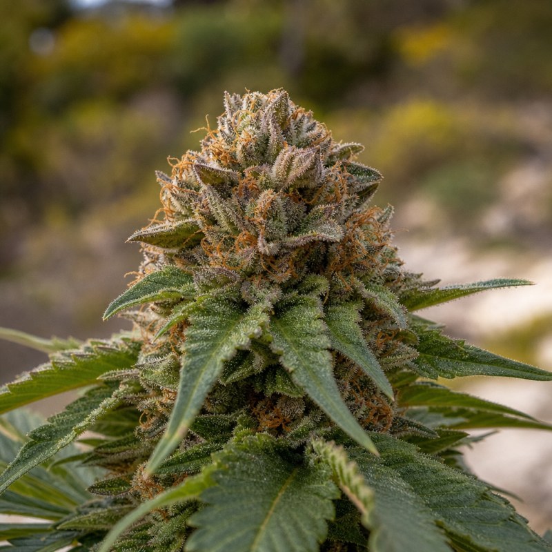 Outdoor macro photograph of the FPOG Auto flower on a living plant