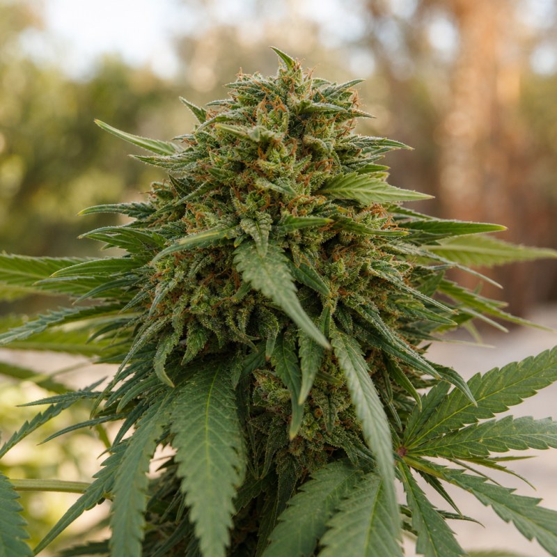 Outdoor macro photograph of the Fucking Incredible Auto flower on a living plant