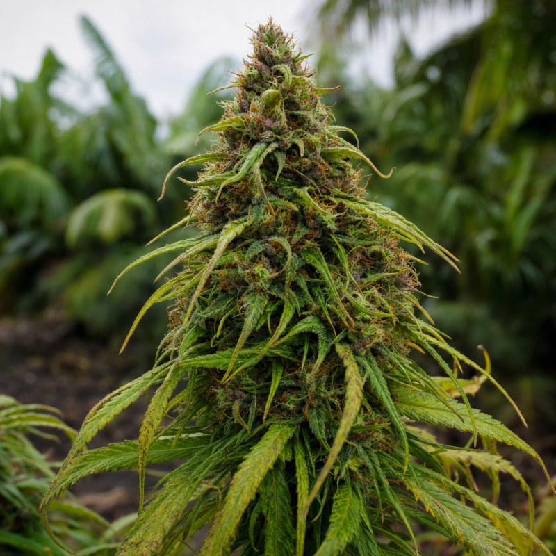 Outdoor macro photograph of the Amnesia Haze x White Widow flower on a living plant