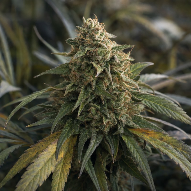 Outdoor macro photograph of the Rainbow Auto flower on a living plant