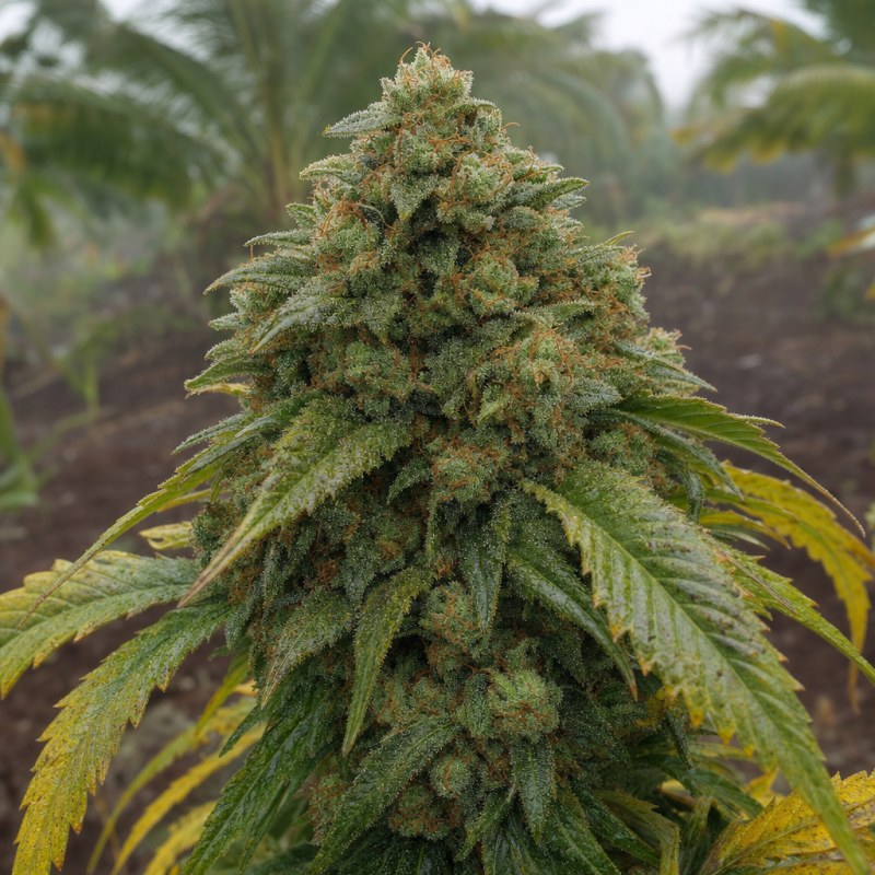 Outdoor macro photograph of the Fire OG flower on a living plant