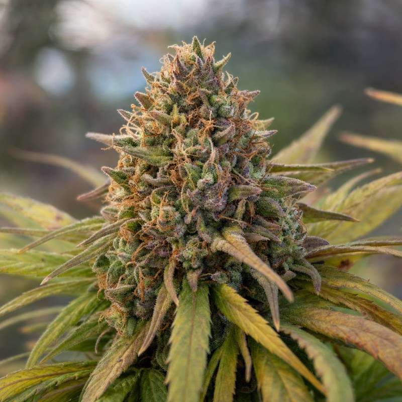 Outdoor macro photograph of the Kiwi Kush flower on a living plant