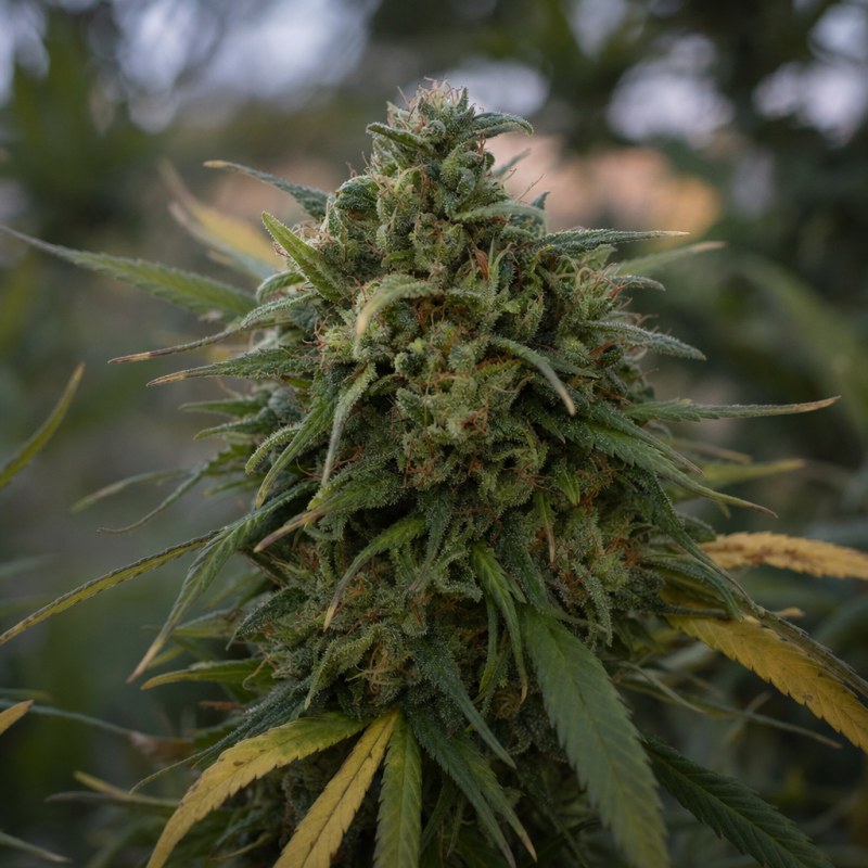 Outdoor macro photograph of the Adrenaline OG flower on a living plant