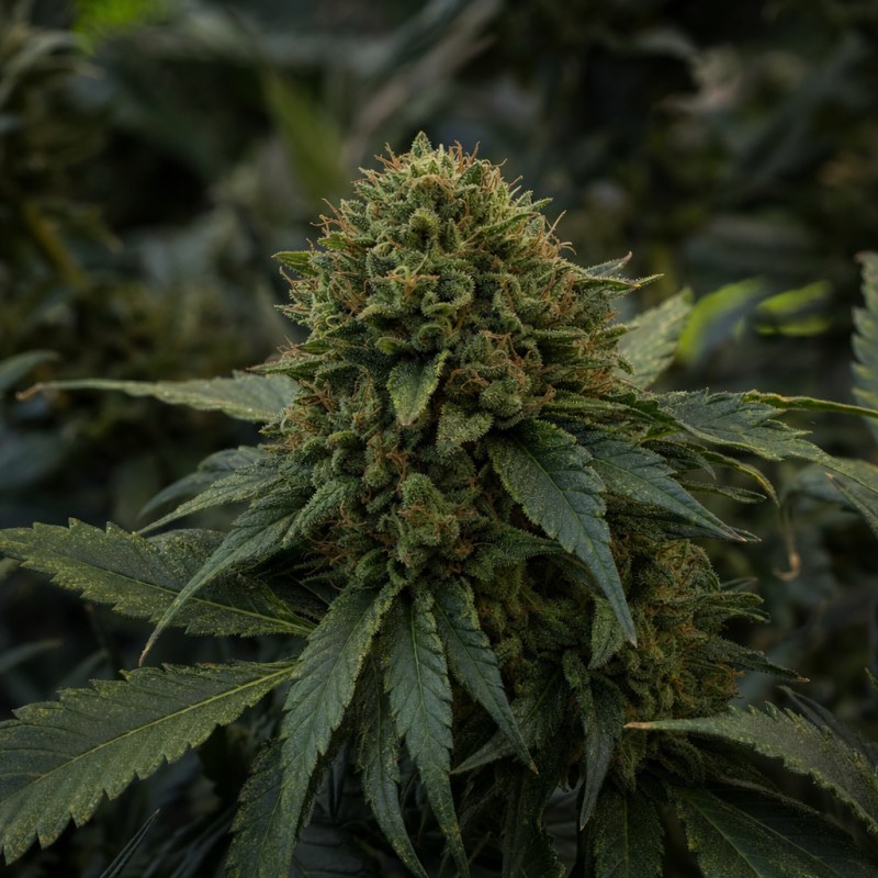 Outdoor macro photograph of the White Widow x Northern Lights Auto flower on a living plant