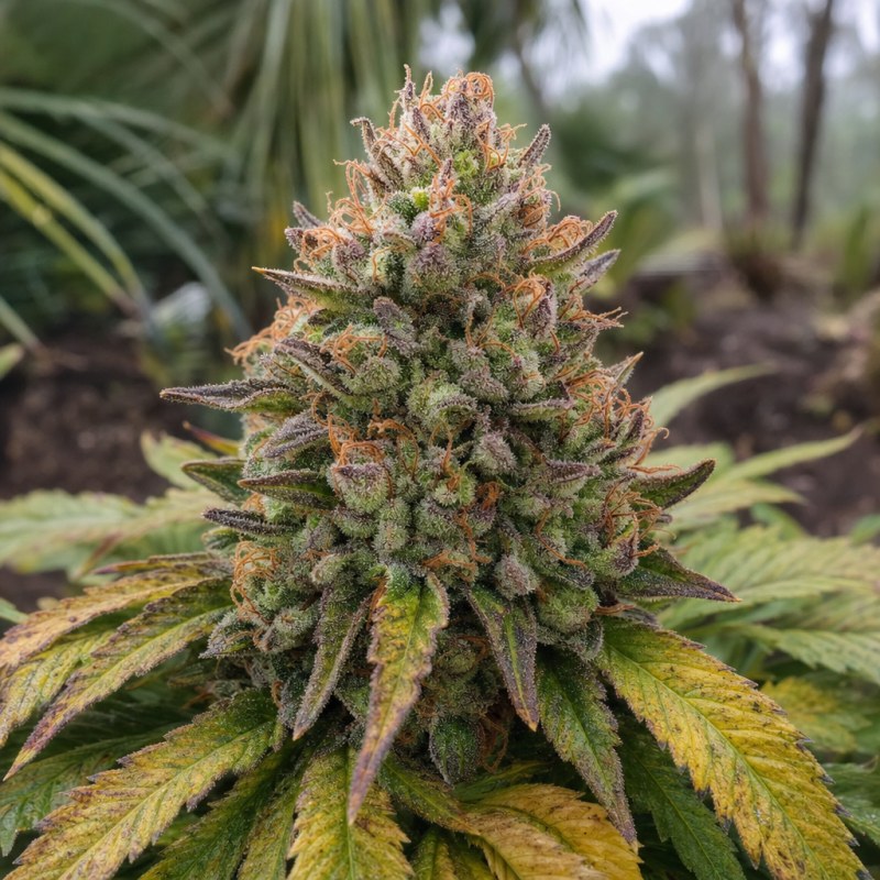 Outdoor macro photograph of the Lemon Cherry Gelato flower on a living plant