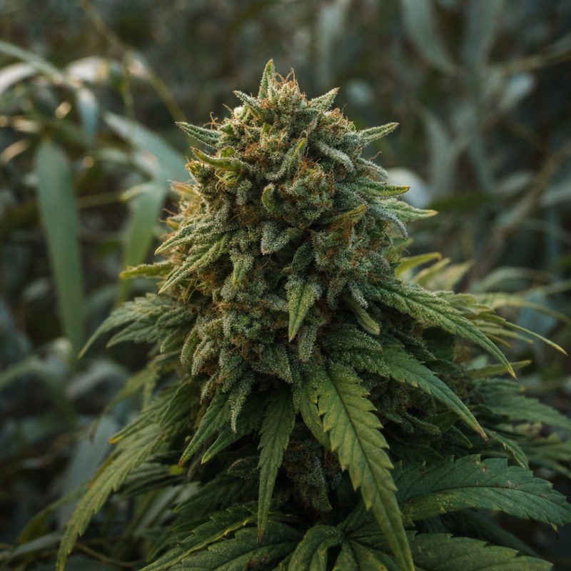 Outdoor macro photograph of the Northern Lights X Big Bud Auto flower on a living plant