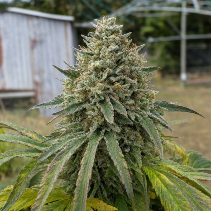 Outdoor macro photograph of the Master Kush flower on a living plant