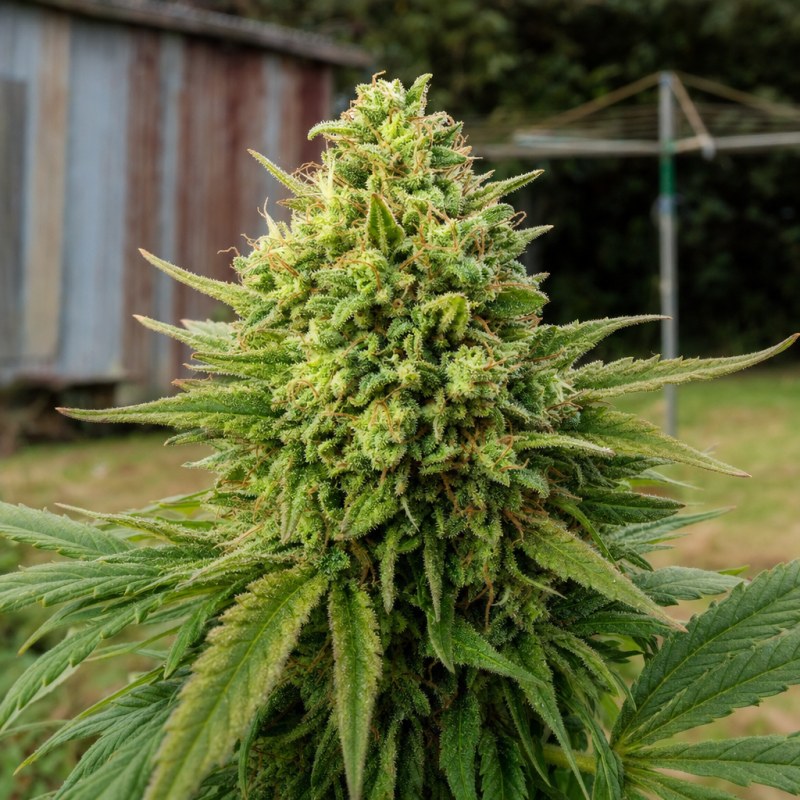 Outdoor macro photograph of the Lithium OG Kush flower on a living plant