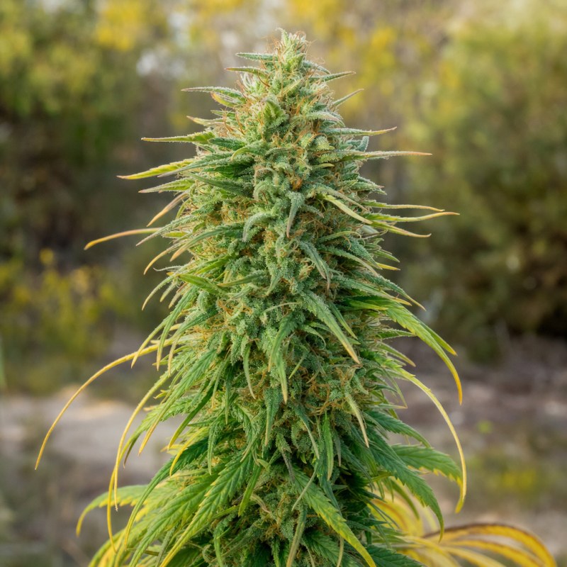 Outdoor macro photograph of the Haze #1 flower on a living plant