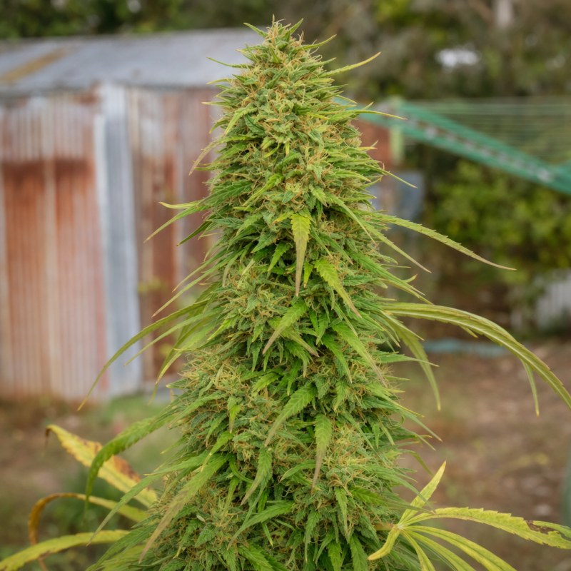 Outdoor macro photograph of the CBD Wellness flower on a living plant