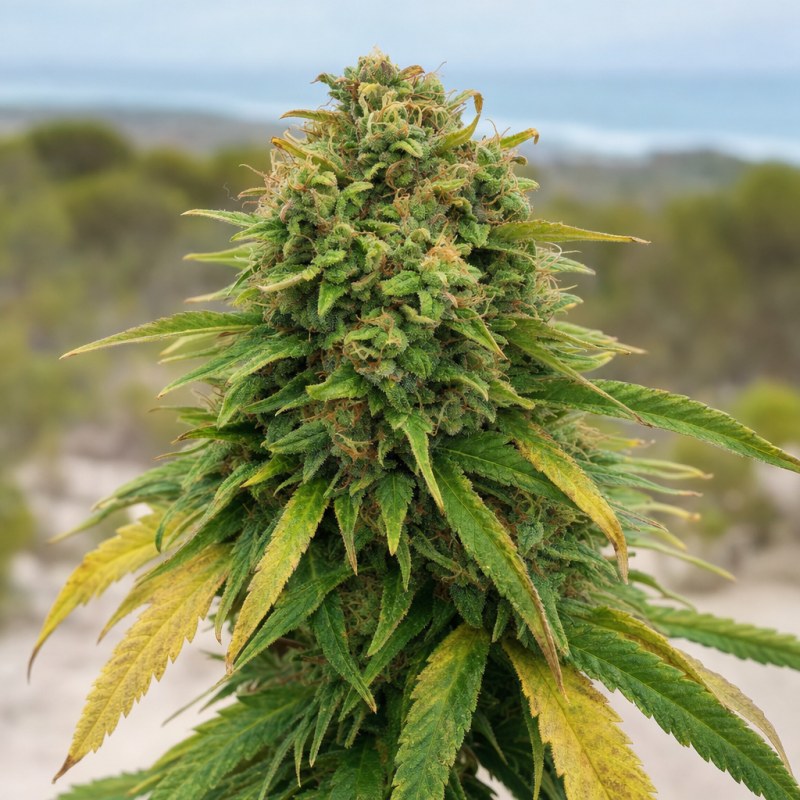 Outdoor macro photograph of the Candida CBD flower on a living plant