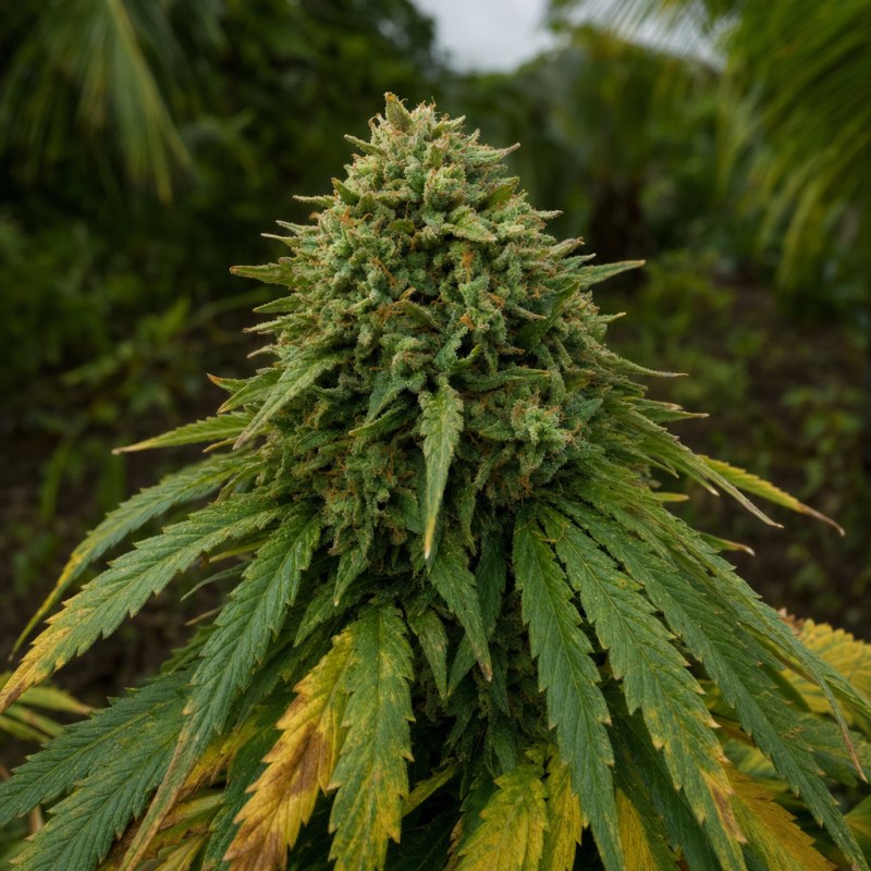 Outdoor macro photograph of the Auto Northern Lights CBD flower on a living plant