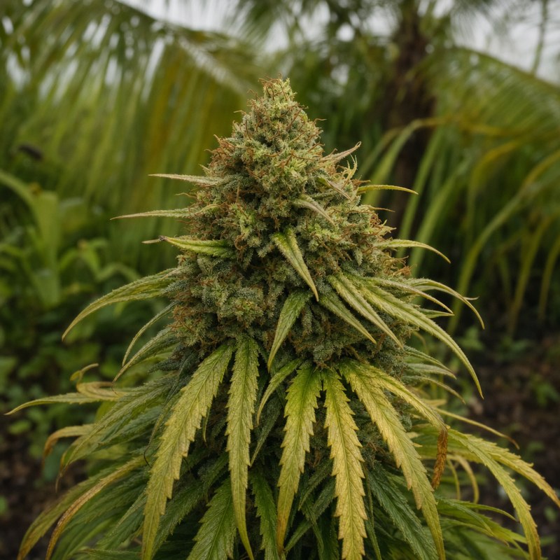 Outdoor macro photograph of the CBD Cookie Kush (1:10) flower on a living plant