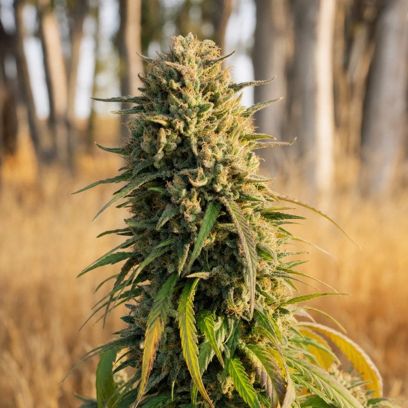 Outdoor macro photograph of the Carmen x Durban Poison flower on a living plant
