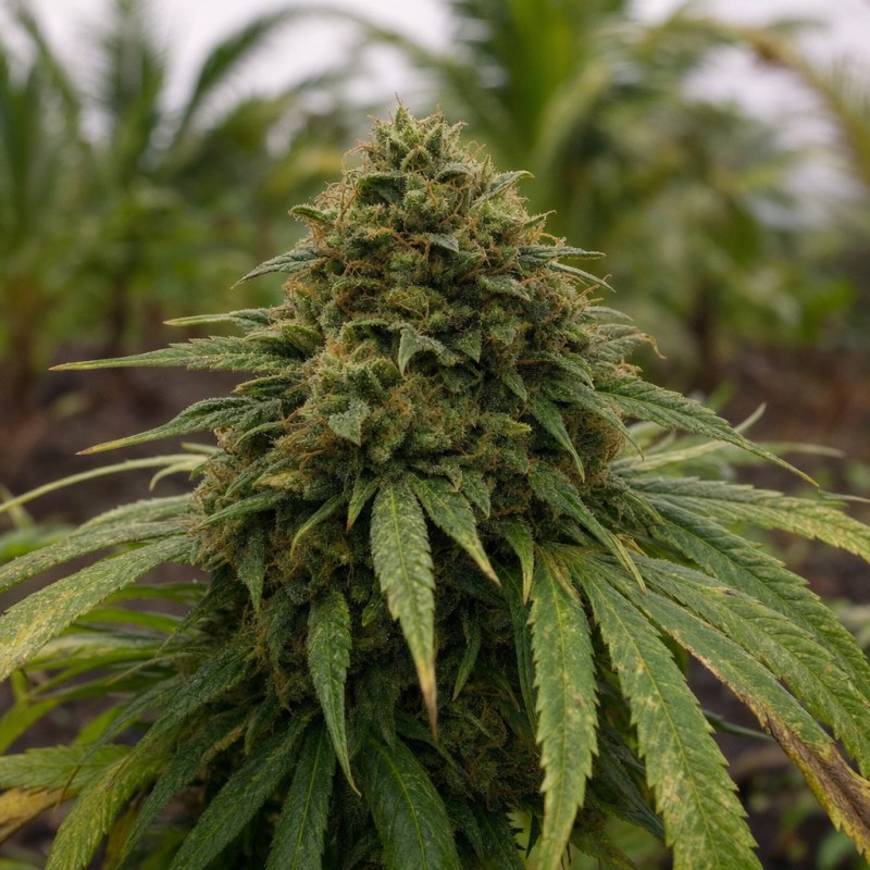 Outdoor macro photograph of the Jack Widow Auto flower on a living plant