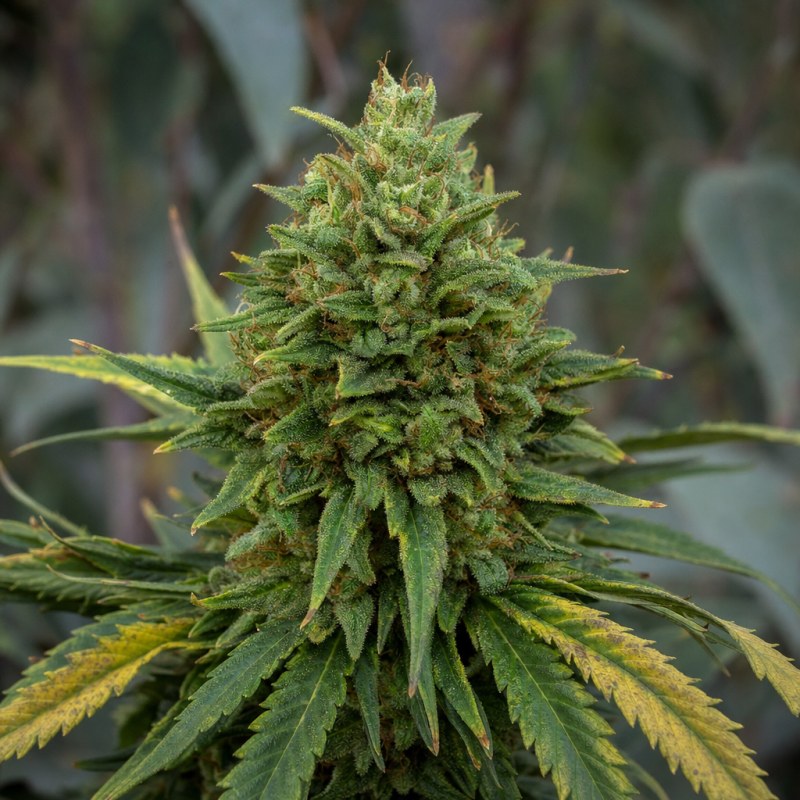 Outdoor macro photograph of the Sour Diesel x OG Kush flower on a living plant