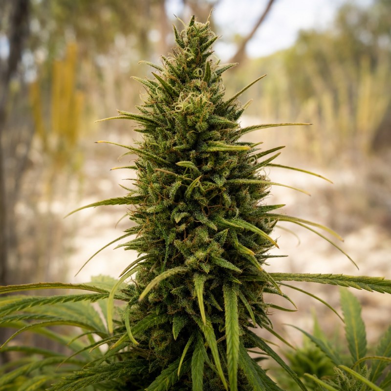 Outdoor macro photograph of the AK-47 Regular flower on a living plant
