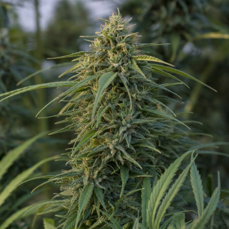 Outdoor macro photograph of the Sour Tsunami CBD flower on a living plant