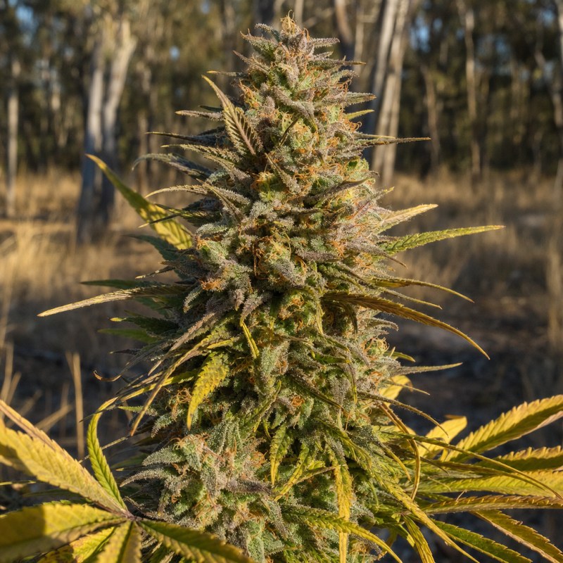 Outdoor macro photograph of the Blue Dream flower on a living plant