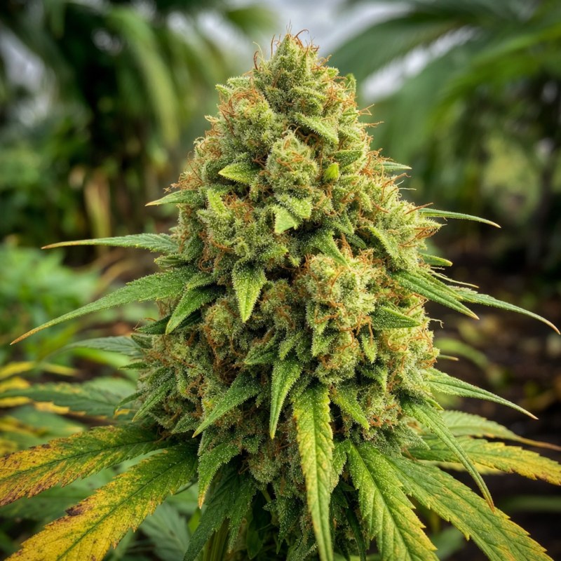 Outdoor macro photograph of the Chemdawg flower on a living plant