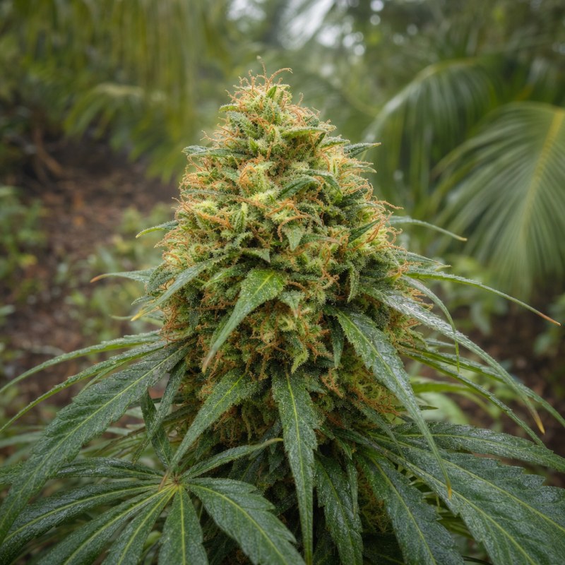 Outdoor macro photograph of the Power Kush flower on a living plant