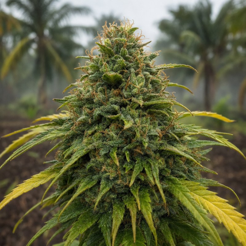 Outdoor macro photograph of the OG Kush CBD flower on a living plant