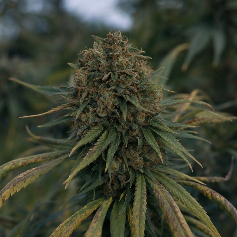 Outdoor macro photograph of the CBD Express Auto flower on a living plant